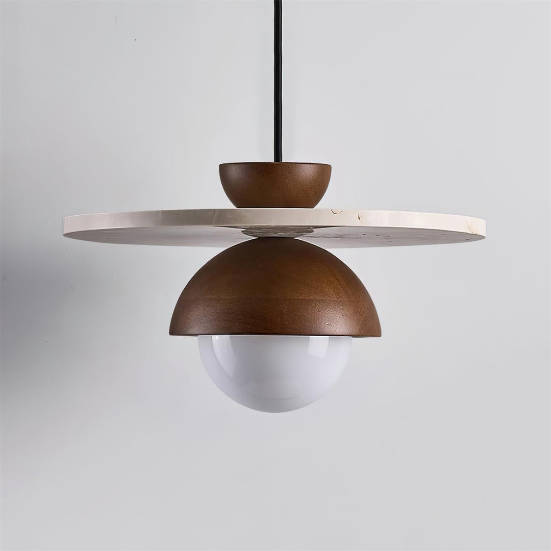 Virelli Lampe Pendante Globe en Verre Disque en Travertin Bois de Noyer Naturel - Neutralighting
