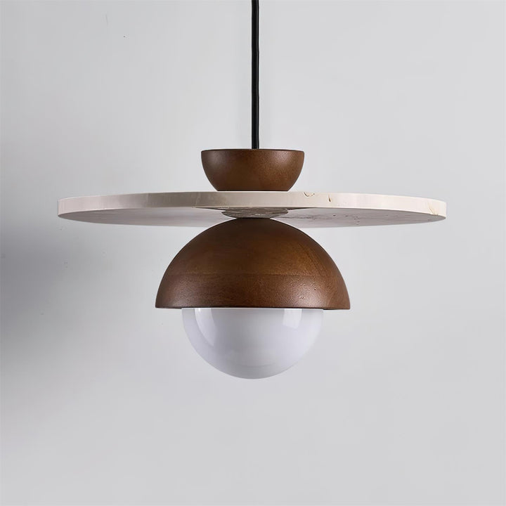 Virelli Lampe Pendante Globe en Verre Disque en Travertin Bois de Noyer Naturel - Neutralighting