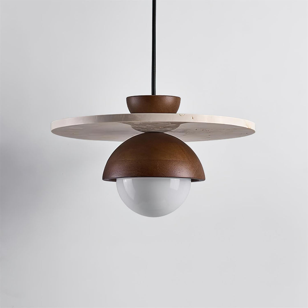 Virelli Lampe Pendante Globe en Verre Disque en Travertin Bois de Noyer Naturel - Neutralighting