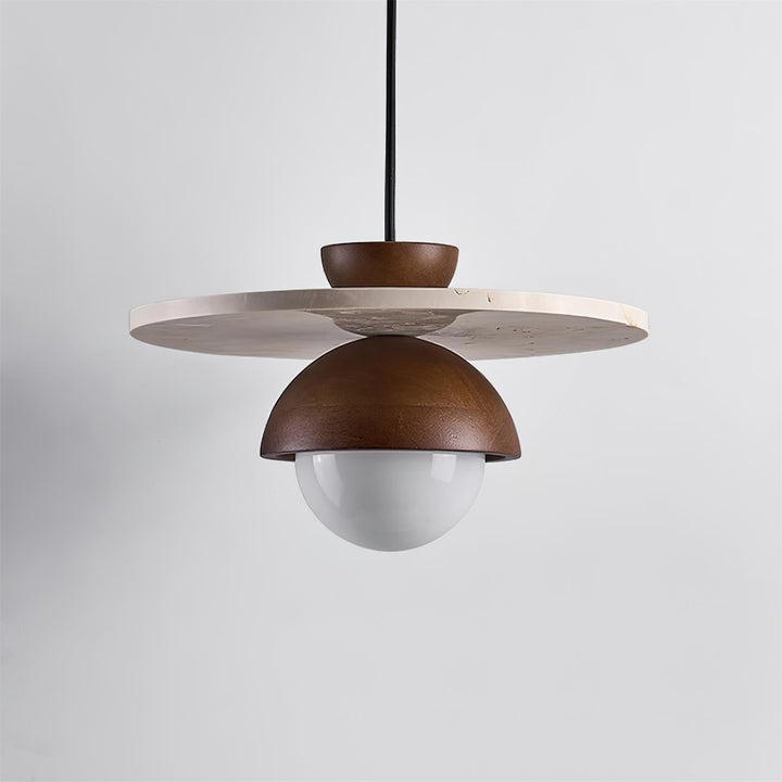 Virelli Lampe Pendante Globe en Verre Disque en Travertin Bois de Noyer Naturel - Neutralighting