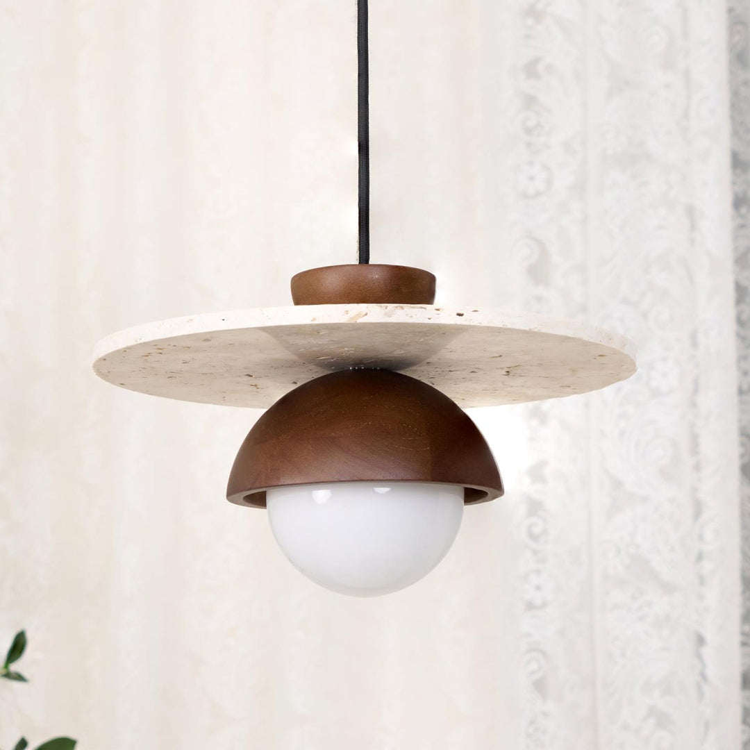 Virelli Lampe Pendante Globe en Verre Disque en Travertin Bois de Noyer Naturel - Neutralighting
