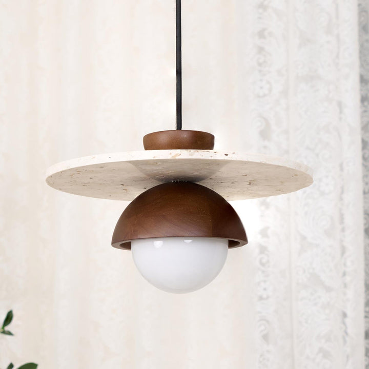 Virelli Lampe Pendante Globe en Verre Disque en Travertin Bois de Noyer Naturel - Neutralighting