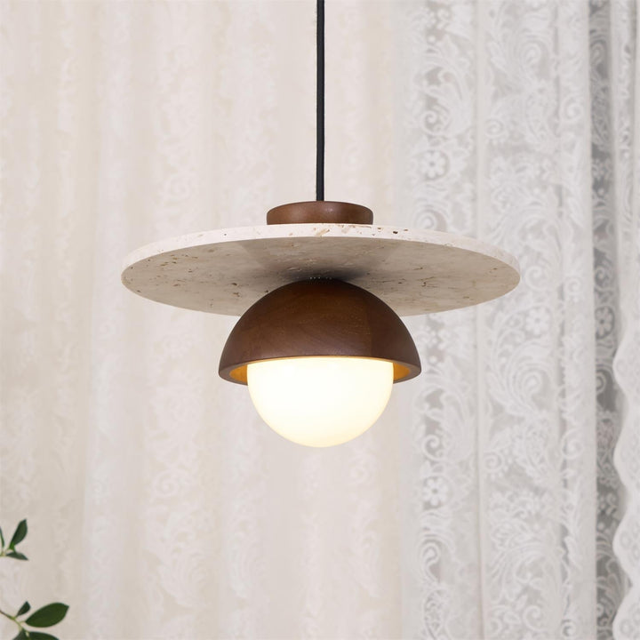 Virelli Lampe Pendante Globe en Verre Disque en Travertin Bois de Noyer Naturel - Neutralighting