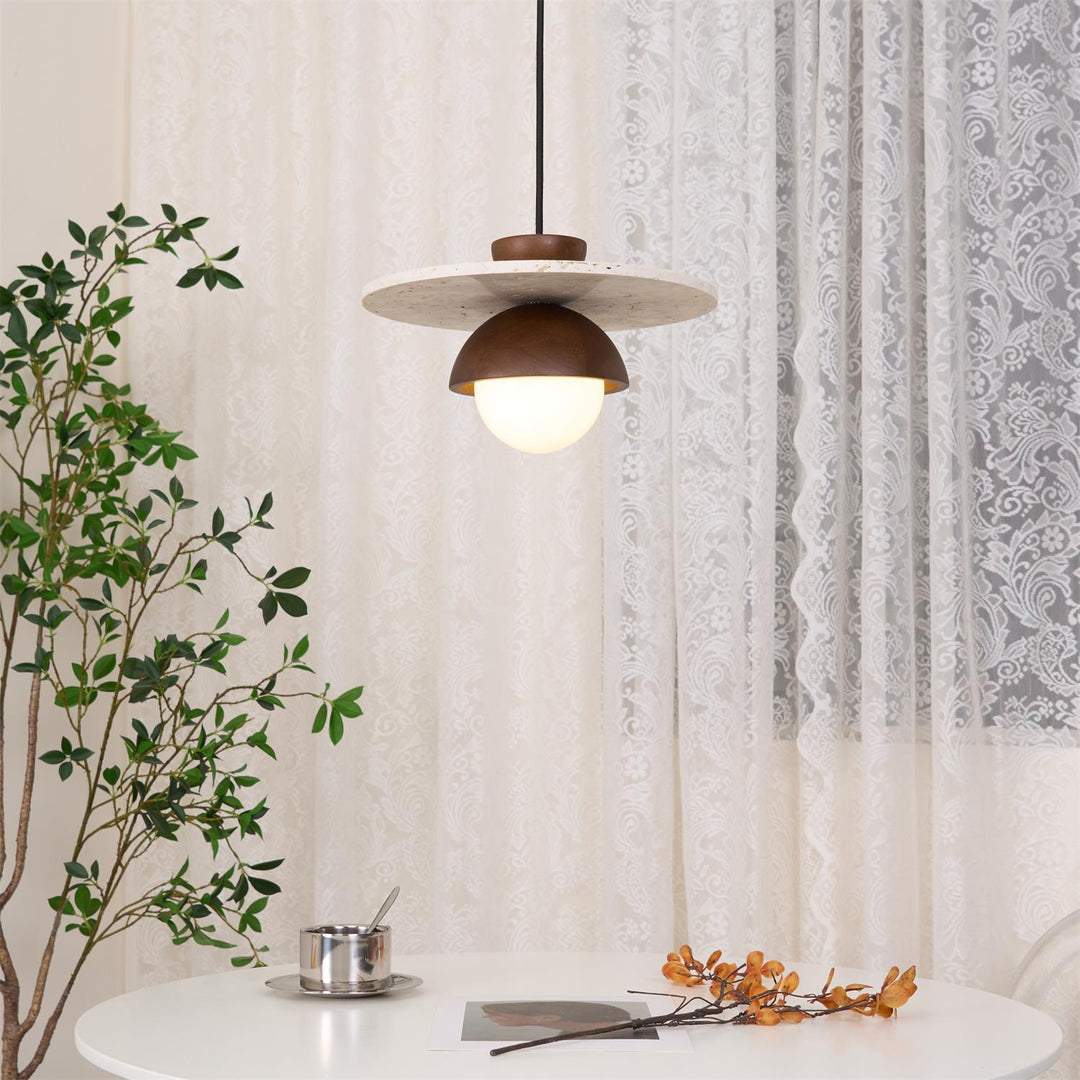 Virelli Lampe Pendante Globe en Verre Disque en Travertin Bois de Noyer Naturel - Neutralighting