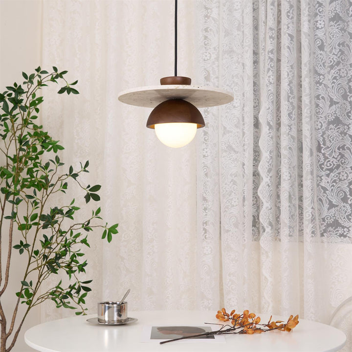 Virelli Lampe Pendante Globe en Verre Disque en Travertin Bois de Noyer Naturel - Neutralighting