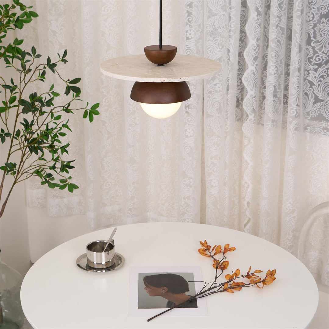 Virelli Lampe Pendante Globe en Verre Disque en Travertin Bois de Noyer Naturel - Neutralighting