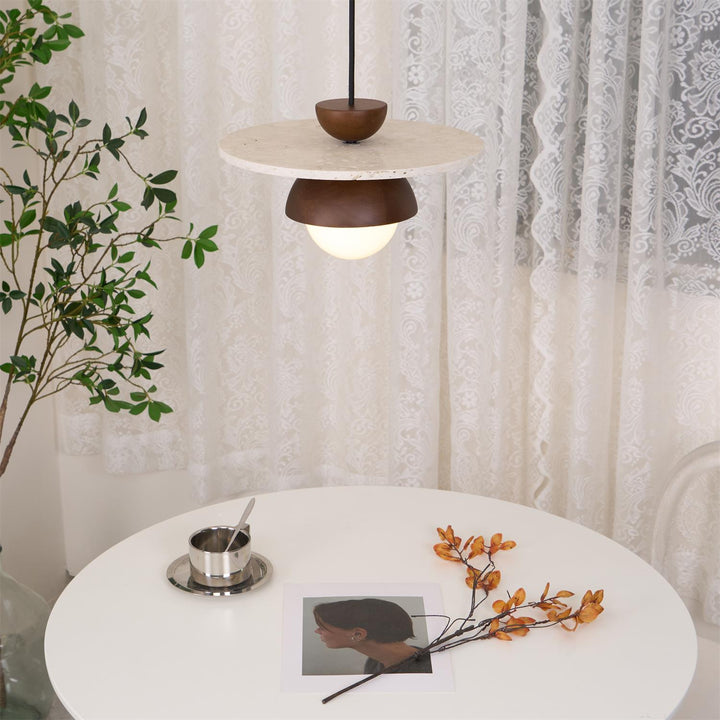 Virelli Lampe Pendante Globe en Verre Disque en Travertin Bois de Noyer Naturel - Neutralighting
