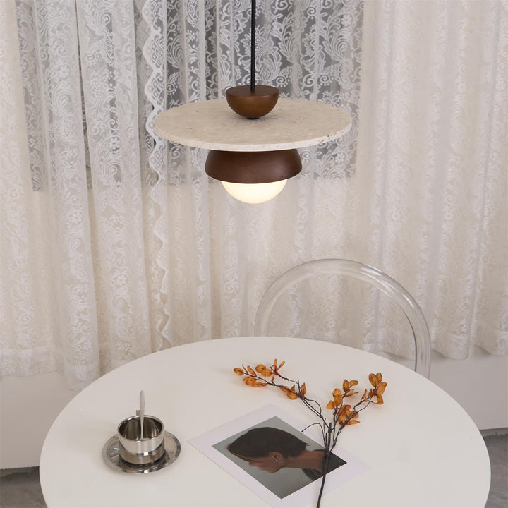Virelli Lampe Pendante Globe en Verre Disque en Travertin Bois de Noyer Naturel - Neutralighting