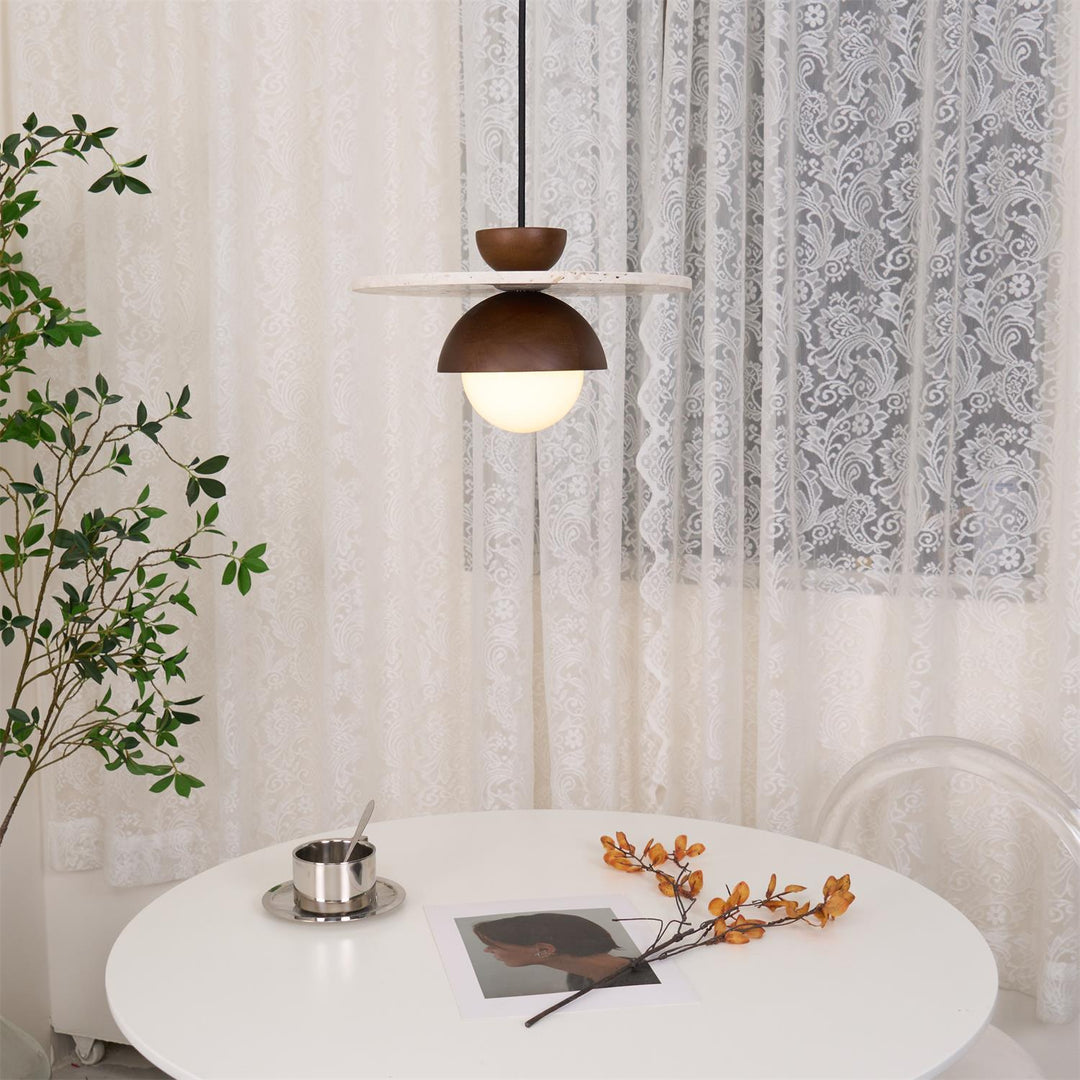 Virelli Lampe Pendante Globe en Verre Disque en Travertin Bois de Noyer Naturel - Neutralighting
