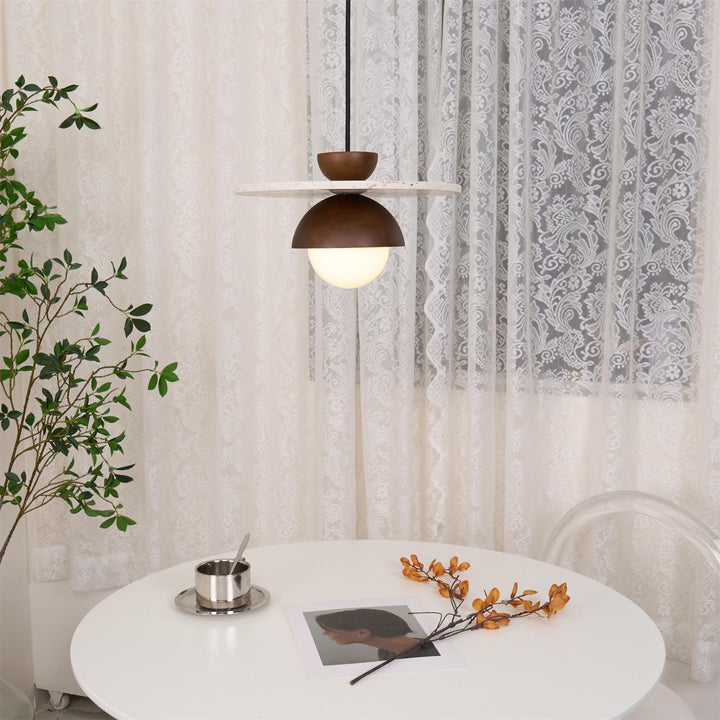 Virelli Lampe Pendante Globe en Verre Disque en Travertin Bois de Noyer Naturel - Neutralighting