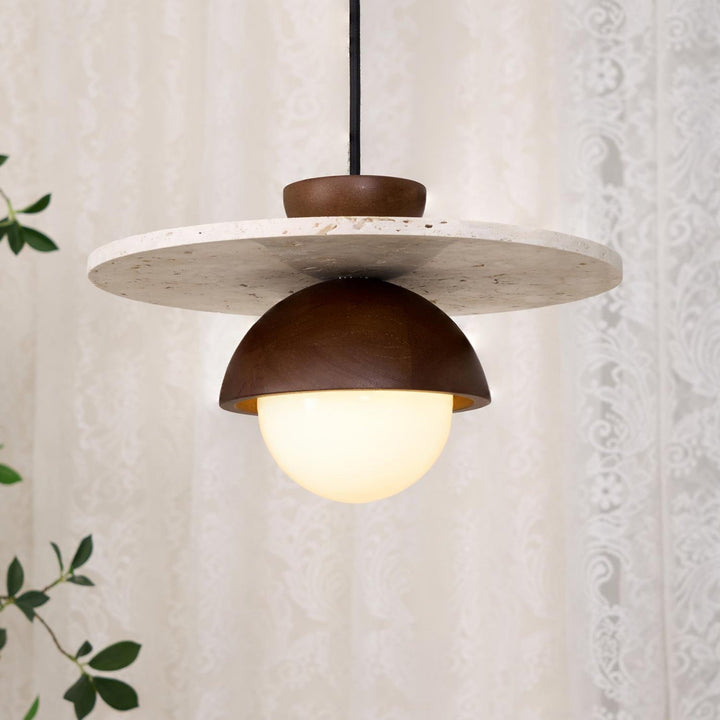 Virelli Lampe Pendante Globe en Verre Disque en Travertin Bois de Noyer Naturel - Neutralighting