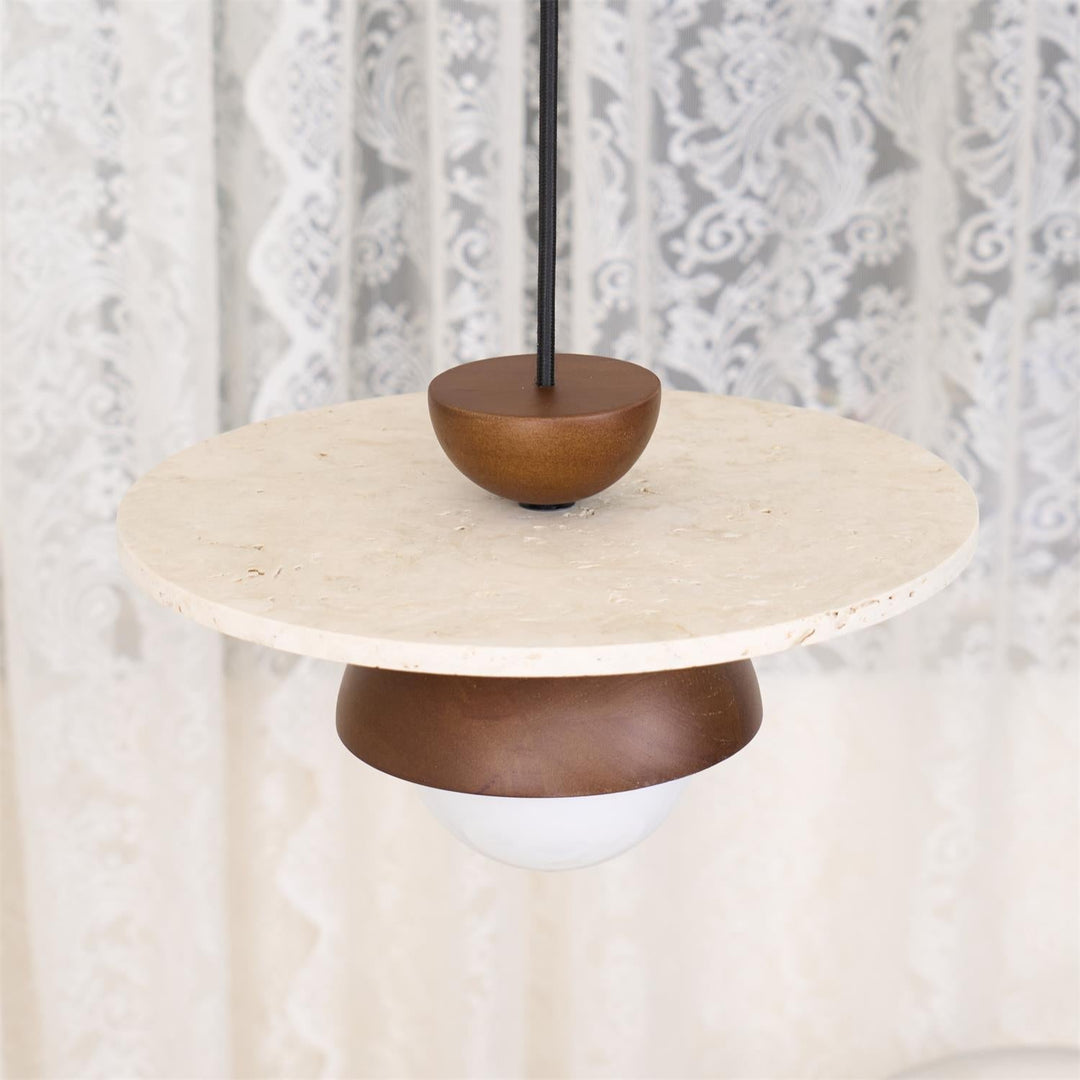 Virelli Lampe Pendante Globe en Verre Disque en Travertin Bois de Noyer Naturel - Neutralighting