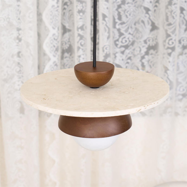 Virelli Lampe Pendante Globe en Verre Disque en Travertin Bois de Noyer Naturel - Neutralighting