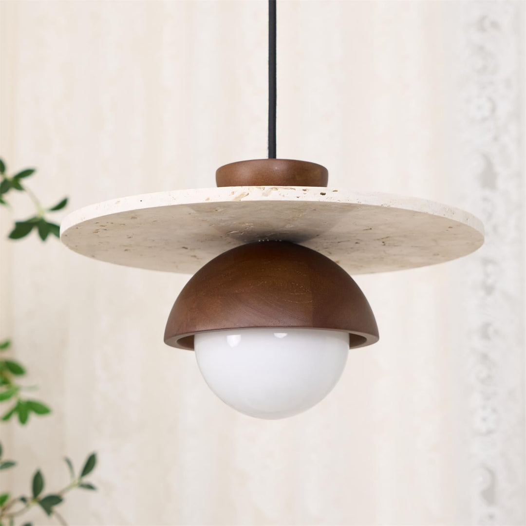 Virelli Lampe Pendante Globe en Verre Disque en Travertin Bois de Noyer Naturel - Neutralighting