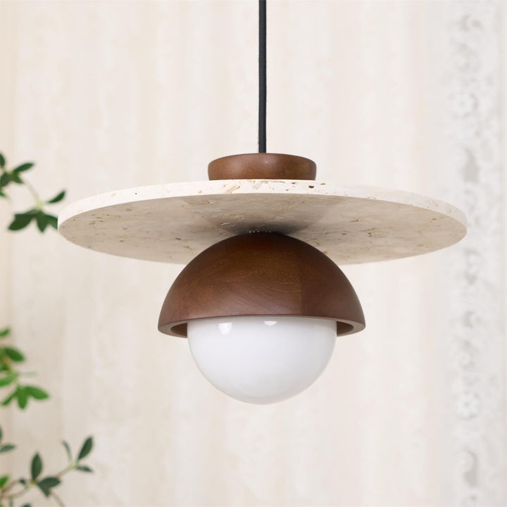Virelli Lampe Pendante Globe en Verre Disque en Travertin Bois de Noyer Naturel - Neutralighting