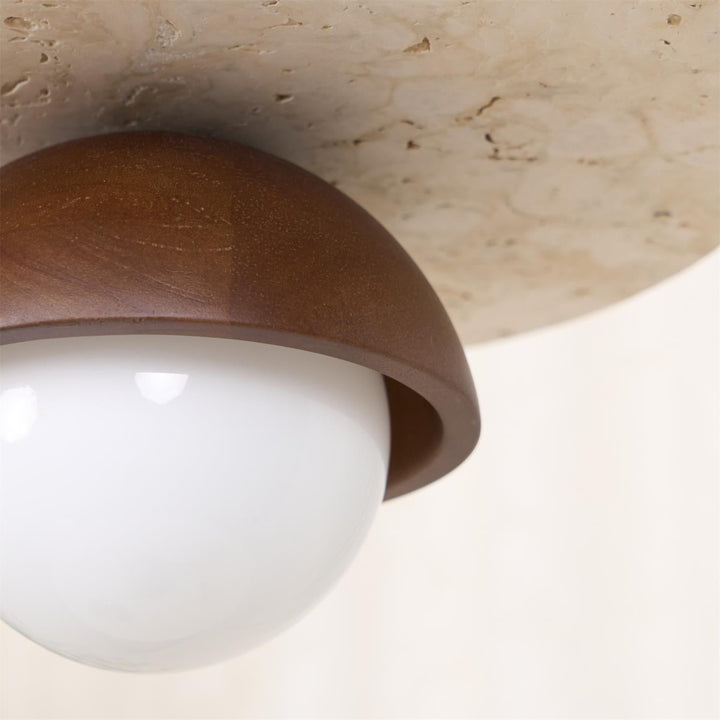 Virelli Lampe Pendante Globe en Verre Disque en Travertin Bois de Noyer Naturel - Neutralighting