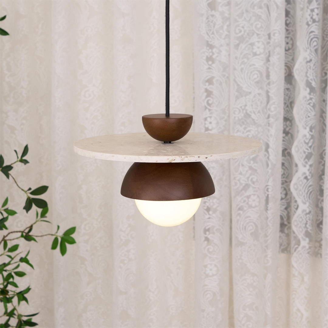 Virelli Lampe Pendante Globe en Verre Disque en Travertin Bois de Noyer Naturel - Neutralighting