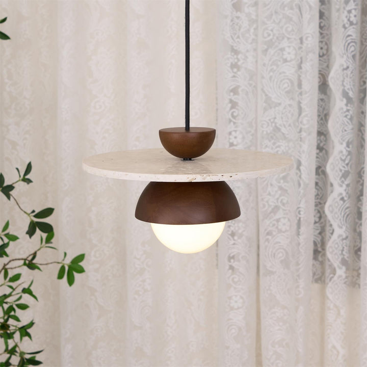 Virelli Lampe Pendante Globe en Verre Disque en Travertin Bois de Noyer Naturel - Neutralighting