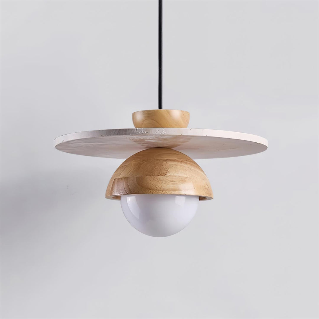 Virelli Lampe Pendante Globe en Verre Disque en Travertin Bois de Noyer Naturel - Neutralighting