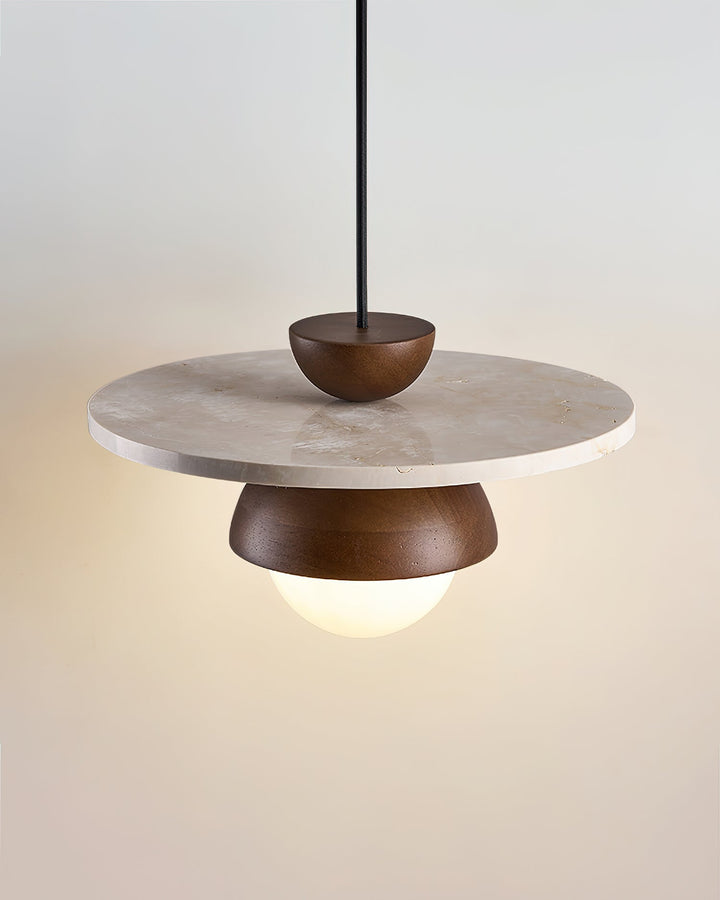 Virelli Lampe Pendante Globe en Verre Disque en Travertin Bois de Noyer Naturel - Neutralighting