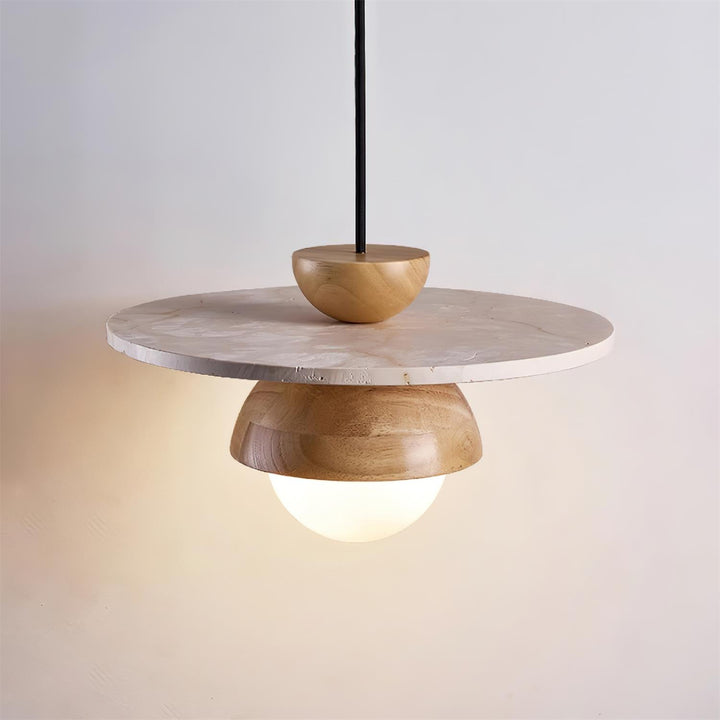 Virelli Lampe Pendante Globe en Verre Disque en Travertin Bois de Noyer Naturel - Neutralighting