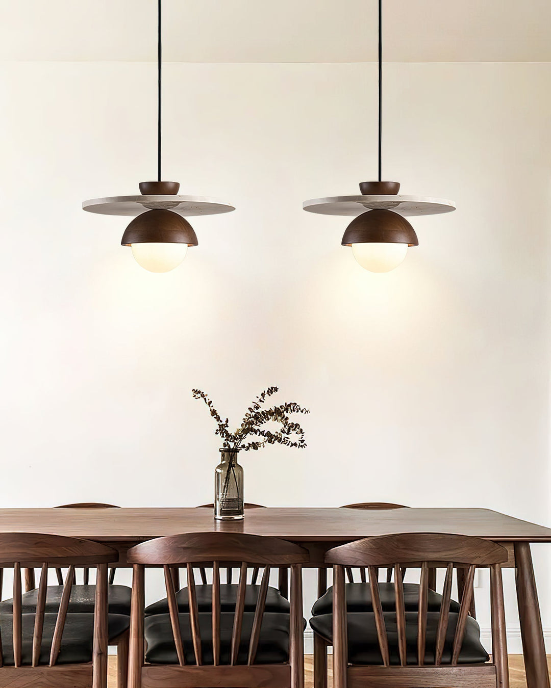 Virelli Lampe Pendante Globe en Verre Disque en Travertin Bois de Noyer Naturel - Neutralighting