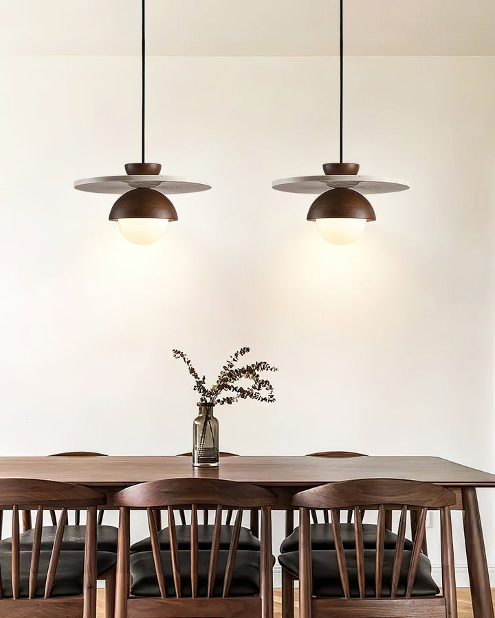 Virelli Lampe Pendante Globe en Verre Disque en Travertin Bois de Noyer Naturel - Neutralighting