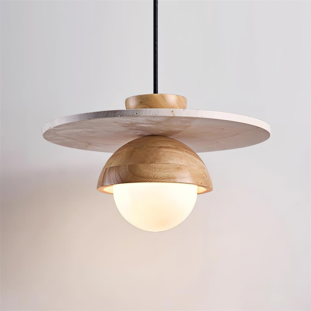 Virelli Lampe Pendante Globe en Verre Disque en Travertin Bois de Noyer Naturel - Neutralighting