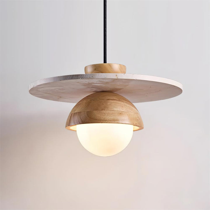 Virelli Lampe Pendante Globe en Verre Disque en Travertin Bois de Noyer Naturel - Neutralighting