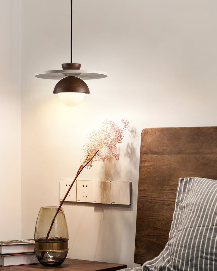 Virelli Lampe Pendante Globe en Verre Disque en Travertin Bois de Noyer Naturel - Neutralighting