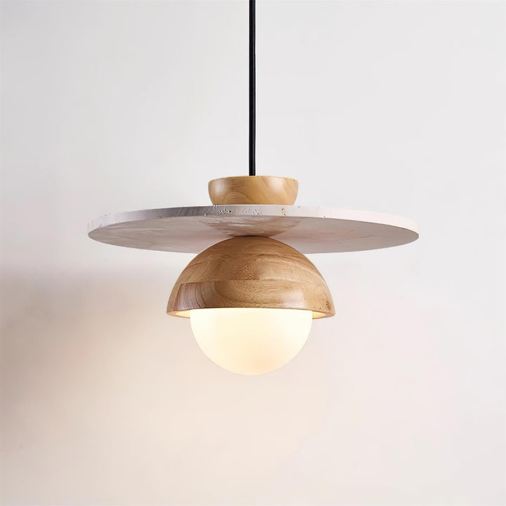 Virelli Lampe Pendante Globe en Verre Disque en Travertin Bois de Noyer Naturel - Neutralighting