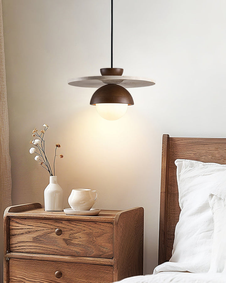 Virelli Lampe Pendante Globe en Verre Disque en Travertin Bois de Noyer Naturel - Neutralighting