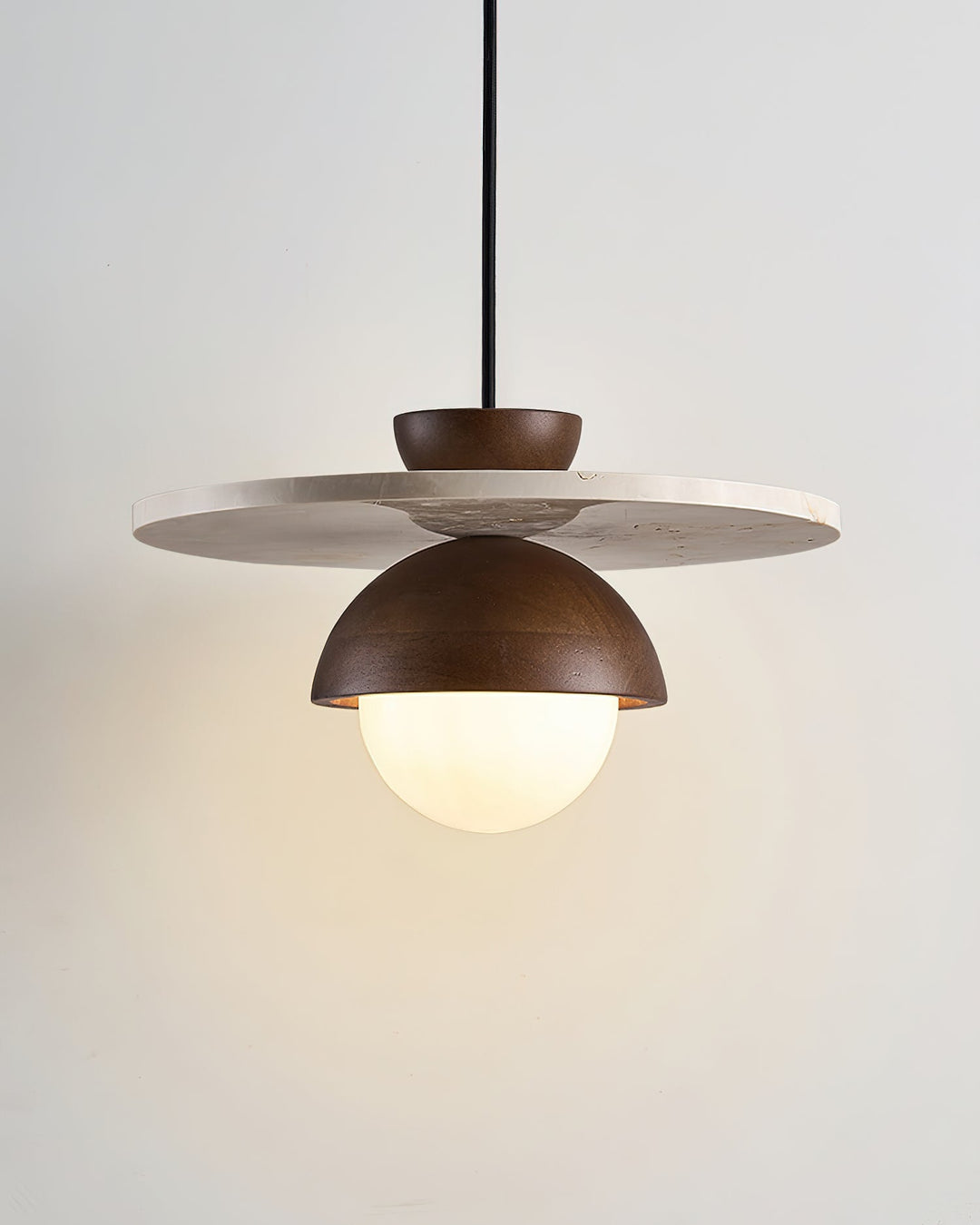 Virelli Lampe Pendante Globe en Verre Disque en Travertin Bois de Noyer Naturel - Neutralighting