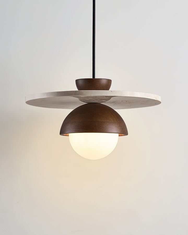 Virelli Lampe Pendante Globe en Verre Disque en Travertin Bois de Noyer Naturel - Neutralighting