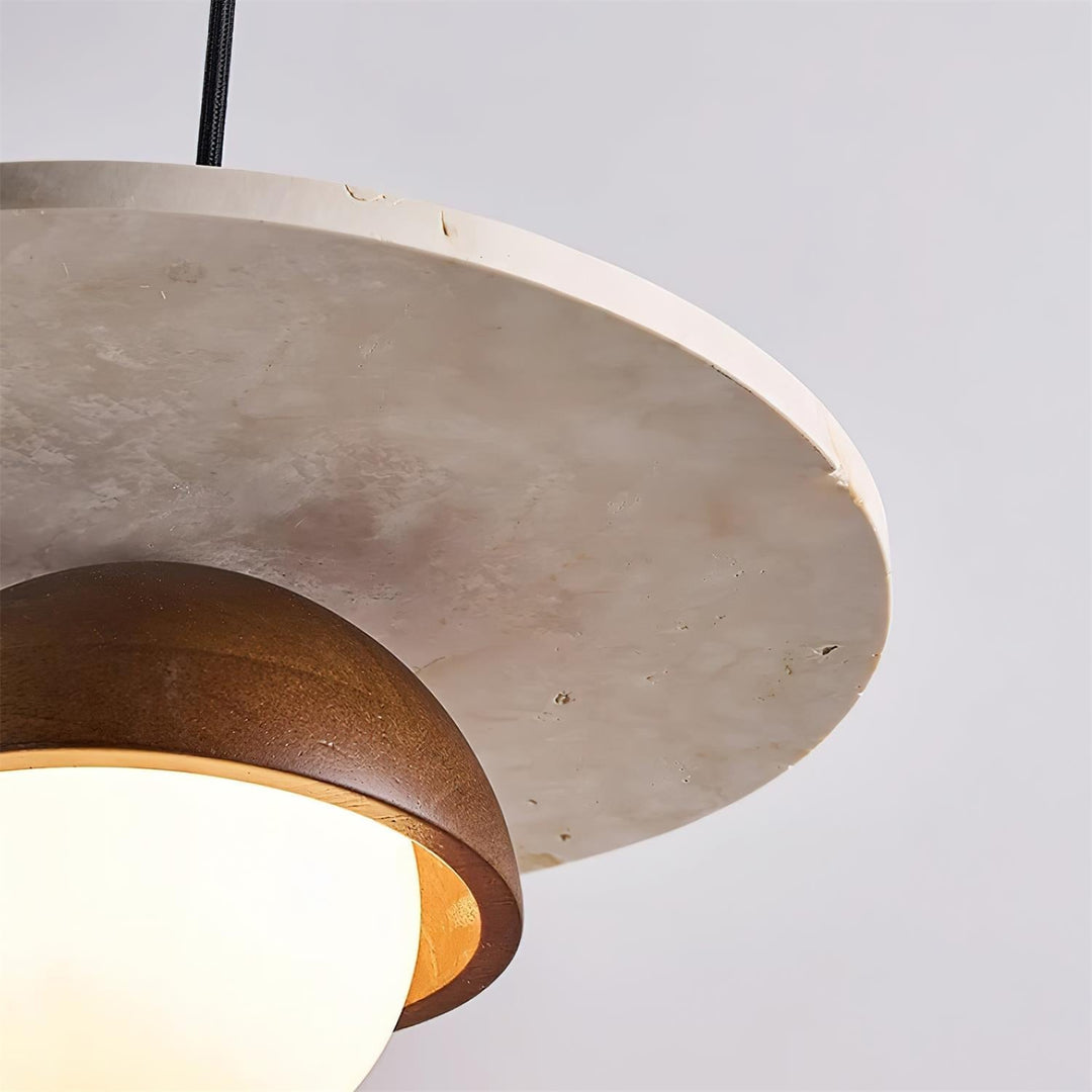 Virelli Lampe Pendante Globe en Verre Disque en Travertin Bois de Noyer Naturel - Neutralighting
