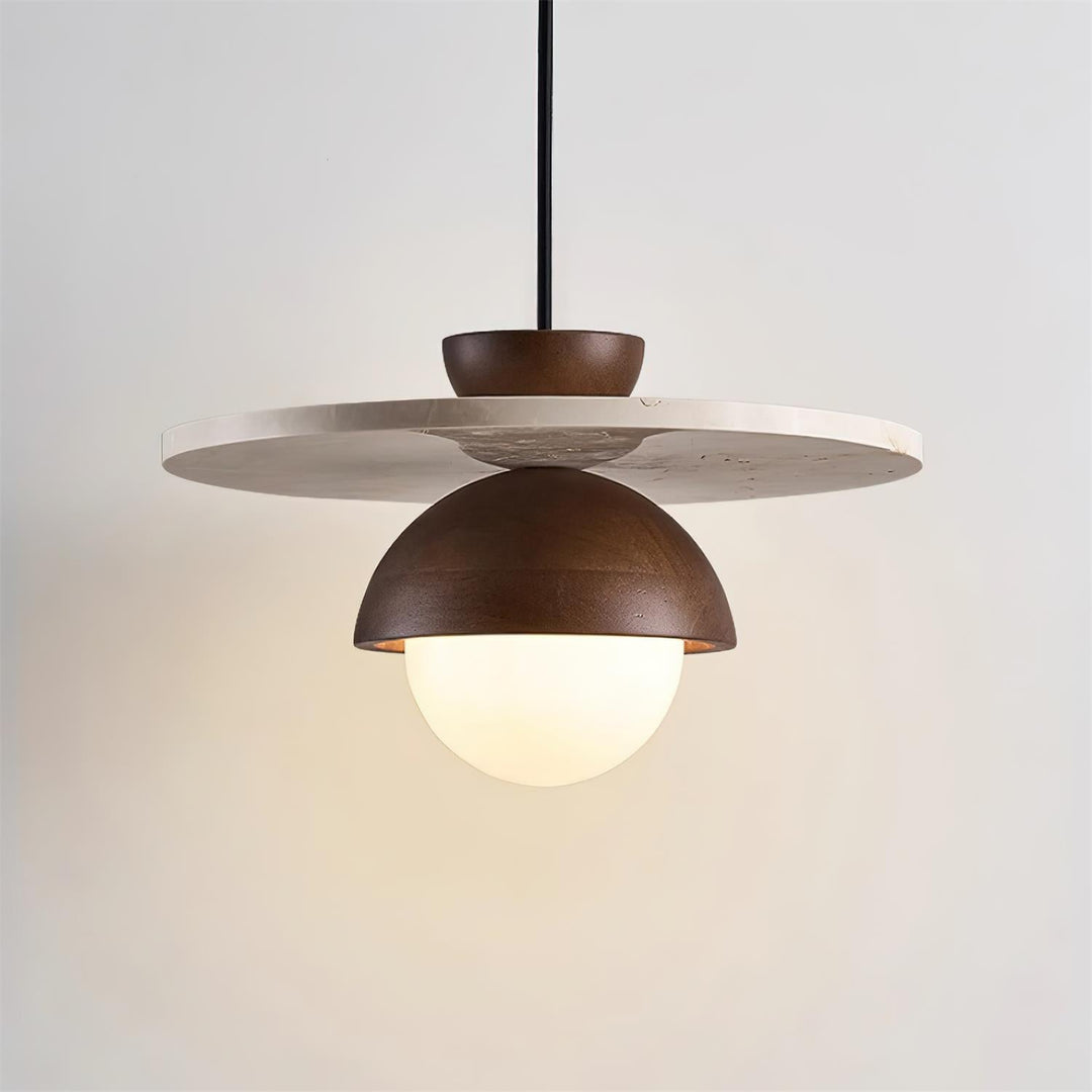 Virelli Lampe Pendante Globe en Verre Disque en Travertin Bois de Noyer Naturel - Neutralighting