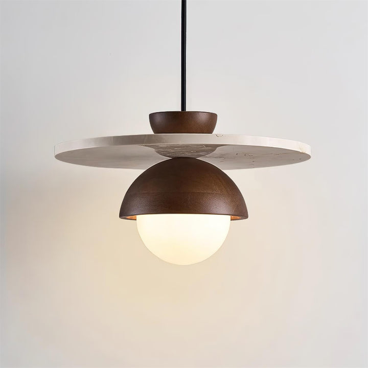 Virelli Lampe Pendante Globe en Verre Disque en Travertin Bois de Noyer Naturel - Neutralighting
