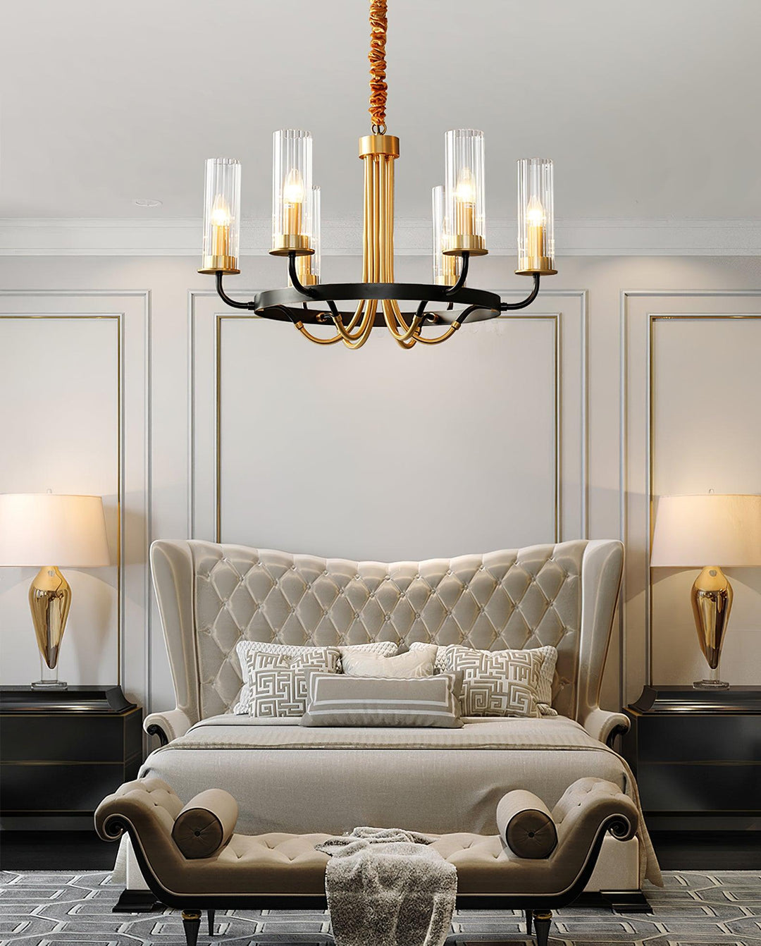 Chandelier Cadre Rond Noir Bras en Laiton avec Verre Cannelé - Neutralighting