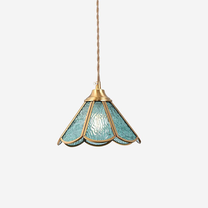 Suspension en Verre Bleu Texturé et Laiton Festonné Art Nouveau - Neutralighting