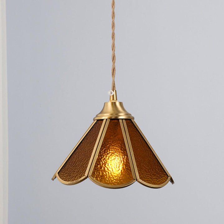 Suspension en Verre Bleu Texturé et Laiton Festonné Art Nouveau - Neutralighting