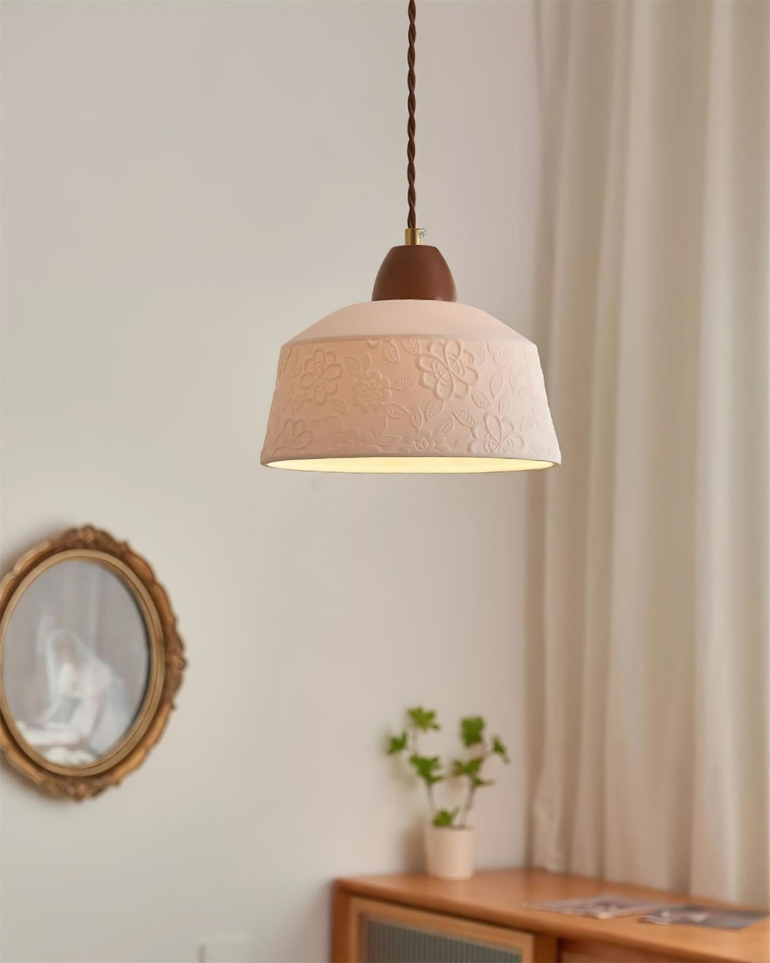 Suspension Tambour en Céramique Texturée Bois de Noyer Rétro - Neutralighting