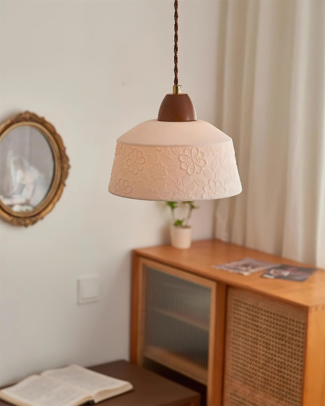 Suspension Tambour en Céramique Texturée Bois de Noyer Rétro - Neutralighting