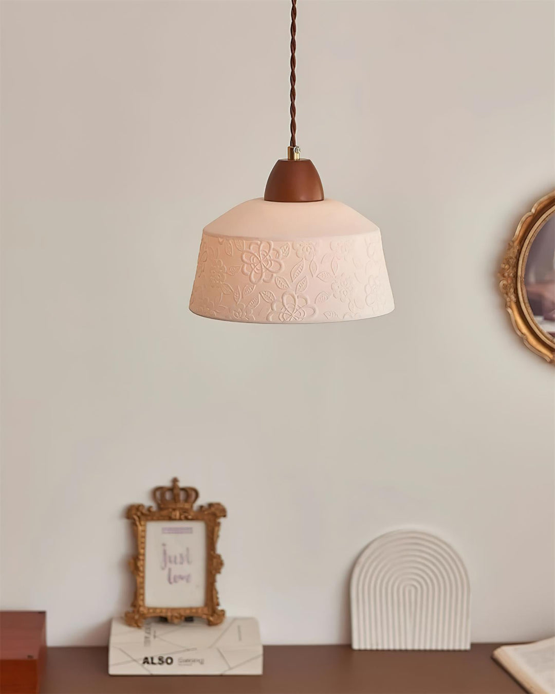 Suspension Tambour en Céramique Texturée Bois de Noyer Rétro - Neutralighting