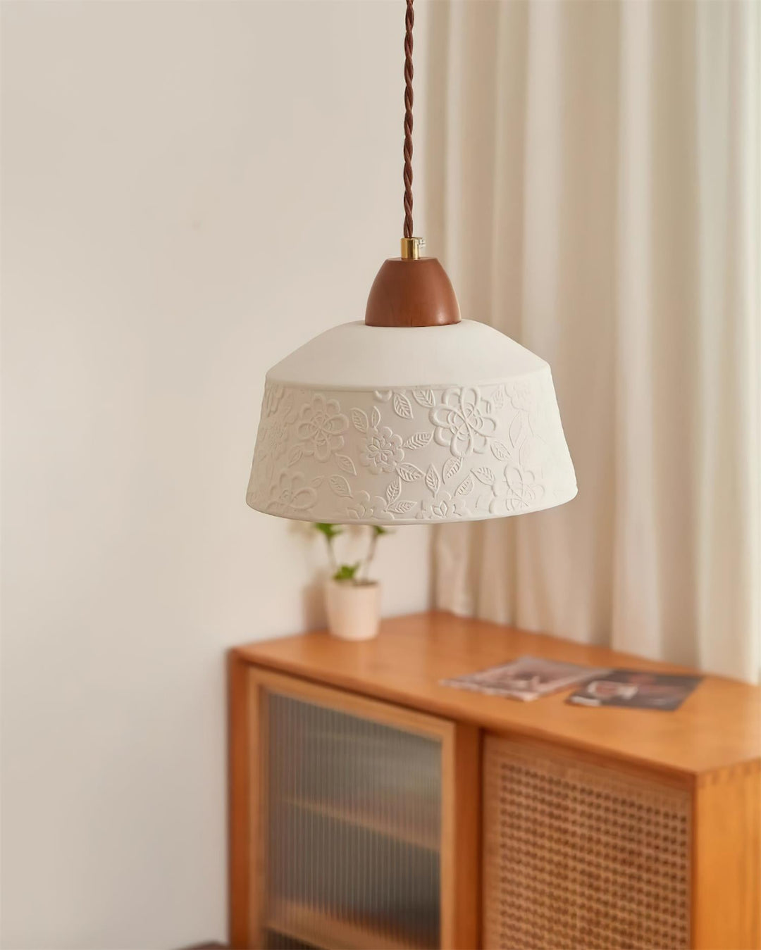 Suspension Tambour en Céramique Texturée Bois de Noyer Rétro - Neutralighting