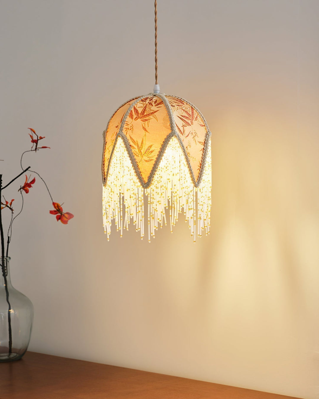 Magnolia Suspension Lampe Pompon Tissu Floral Bambou Franges - Neutralighting