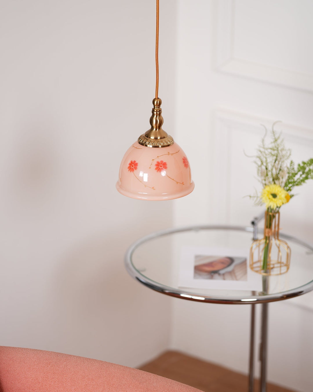 Suspension Laiton Verre Floral Modèle Dôme Ombre Ancien - Neutralighting