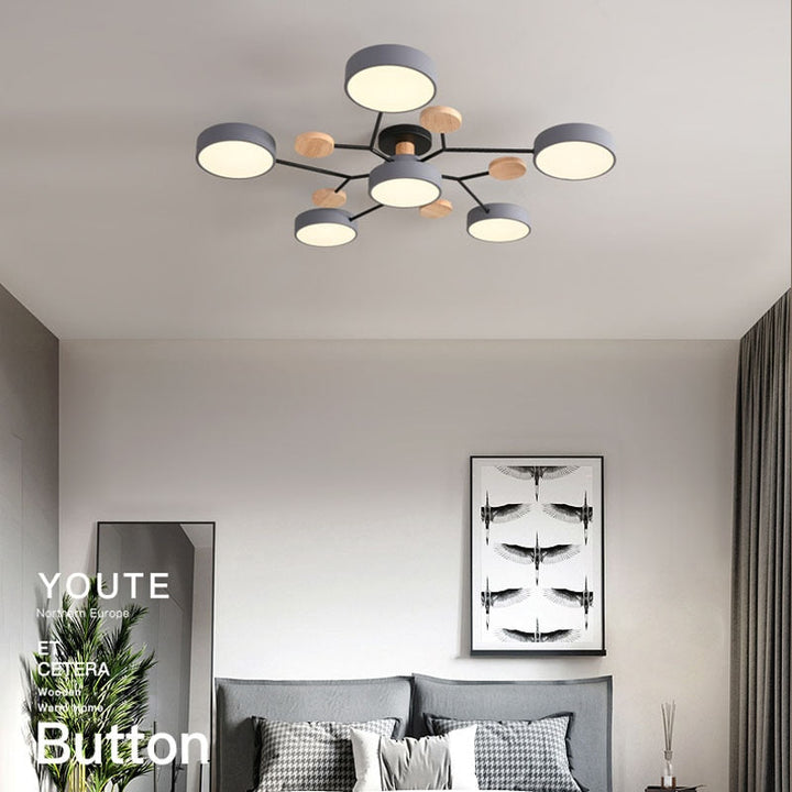 Arisha Plafonnier Rond Moderne, Métal/Bois, Blanc/Vert/Gris, Salon - Neutralighting
