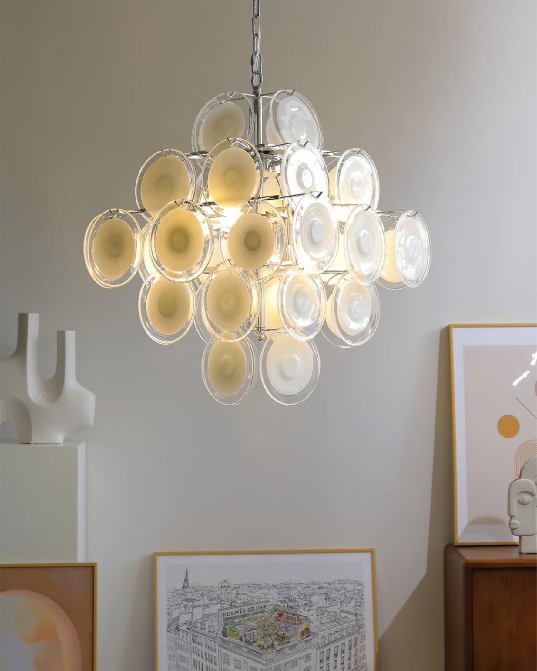 Aurora Lustre Blanc Murano Verre Disques Grappe - Neutralighting