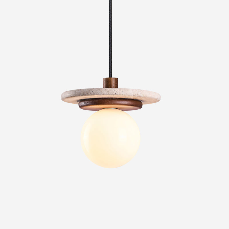 Lampe Suspension Globe en Verre Disque en Travertin Bois de Noyer Naturel - Neutralighting