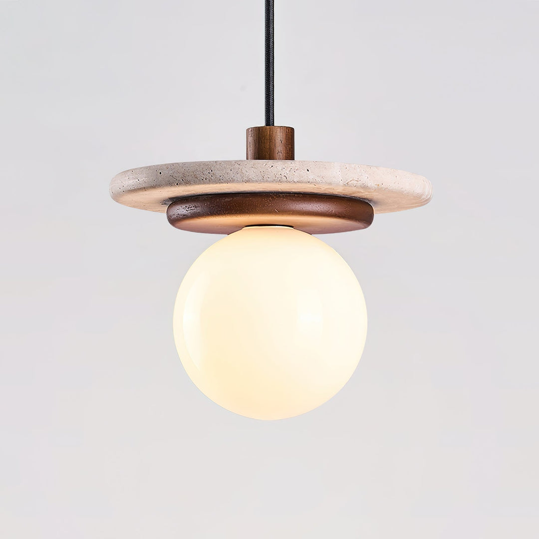 Lampe Suspension Globe en Verre Disque en Travertin Bois de Noyer Naturel - Neutralighting